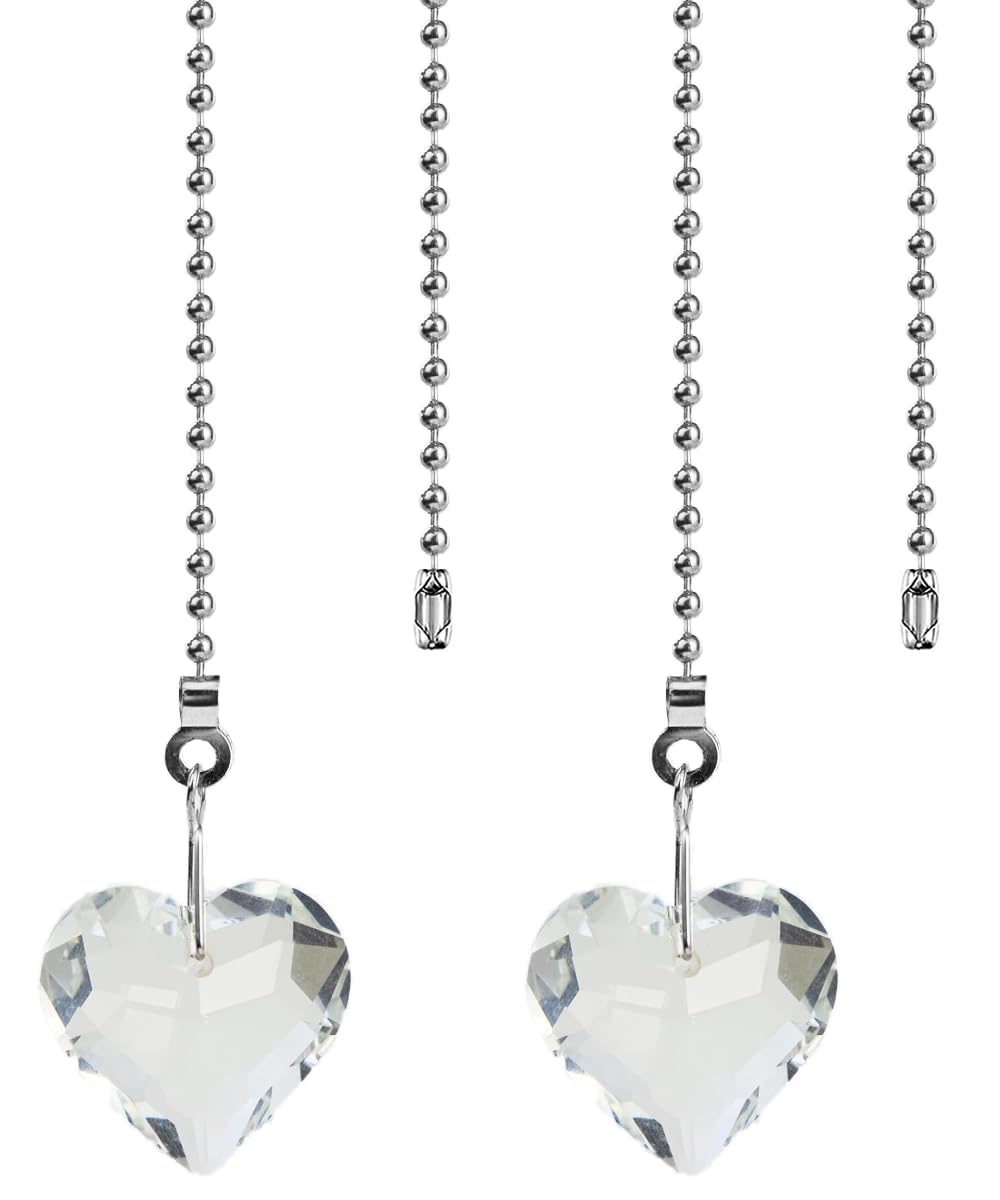 2Pcs 12"Sparkle Transparent K9 Crystal Heart Ceiling Fan Pull Chain | Ceiling Fan &amp; Light Pull Chains，Fan Chain Pulls Decorative, Adjustable Easy Fit with Connectors, Indoor Home Use, Transparent