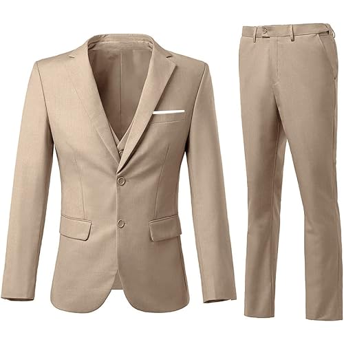 Men's 3 Piece Slim Fit Suit Set, Two Button Blazer Solid Jacket Vest Pants Wedding Business Suit