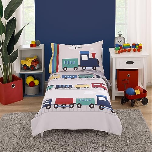 Image of Everything Kids Choo Choo Train Gray, Blue, Red, and Yellow All Aboard 4 Piece Toddler Bed Set - Comforter, Fitted Bottom Sheet, Flat Top Sheet, Reversible Pillowcase