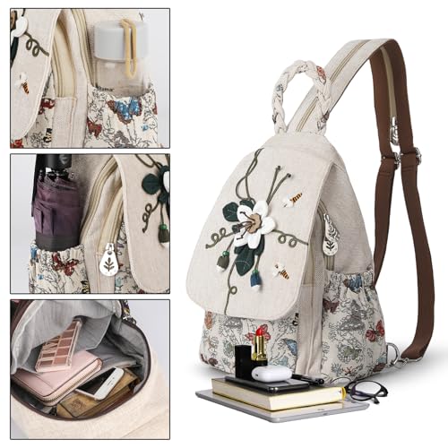 Image of Ladys Convertible Sling Bag, Hand Craft Artisan Purse, Girls Beautiful Canvas Premium Casual Day Mini Backpack for Women (Flower Bee)