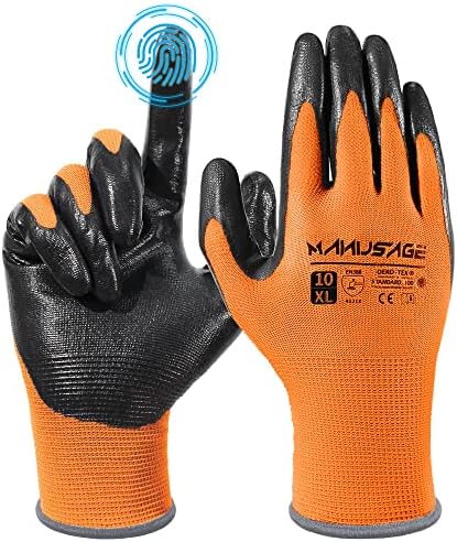 MANUSAGE Safety Work Gloves, Excellent Grip, Nylon Shell Foam Nitrile Palm Coated Working Gloves, Knit Wrist Cuff (Size XL, Orange, 12-pairs)