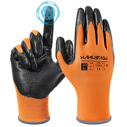 Manusage Safety Work Gloves, Excellent Grip, Nylon Shell Foam Nitrile Palm Coated Working Gloves, Knit Wrist Cuff (Size Xl, Orange, 12-Pairs) #TOP1