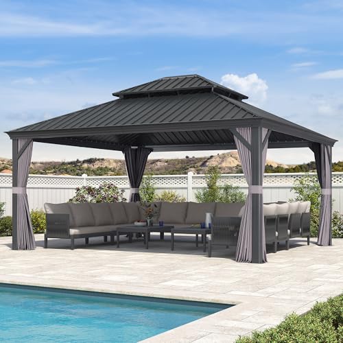PURPLE LEAF Gartenpavillon 4.25 x 4.85 m Wasserdicht Stabil Winterfest Stahldach Hardtop Pavillon Alu Pavillon mit Moskitonetz und Vorhänge für Carport, Grau PURPLE LEAF Gartenpavillon 4.25 x 4.85 m Wasserdicht Stabil Winterfest Stahldach Hardtop Pavillon Alu Pavillon mit Moskitonetz und Vorhänge für Carport, Grau
