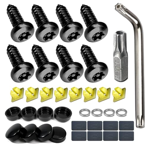 BGGTMO Black License Plate Screws- Stainless Steel Plate Mounting Hardware for Car Tag Frame Anti-Theft Security Self-Tapping Screws Fit Front Bumper with Matte Black Caps Insert Fasteners
