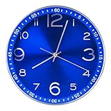 Egundo Blue Wall Clock Battery Operated 12 Inch Decorative,Silent Non Ticking Quartz Analog Metal Large Number Round Quiet Clocks,Home Decor Bright Color Clock for Living Room Bedroom Kitchen Office
