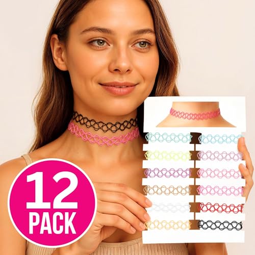 BodyJ4You 12PC Tattoo Choker Necklace - 90s Accessories 2000s Jewelry Y2K Fashion Vintage Trendy - Rainbow Goth Black Pink Green Blue White - Adjustable Stretchy Elastic Necklace Summer Vacation Set2