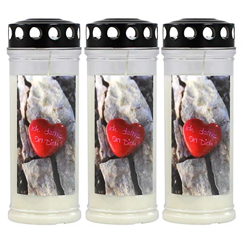 Ebersbacher Kerzenfabrik GmbH Gedenkkerzen Grablicht mit Motiv Stein/Herz 3 Stück ca. (Ø x H) 75 x 210 mm