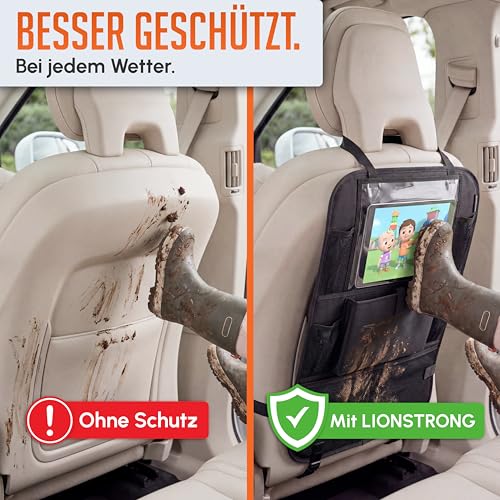 LIONSTRONG® Auto Organizer Kinder Rücksitz schwarz [WASSERDICHT] - Rückenlehnenschutz Auto Kinder universell kompatibel - Autositz Organizer - Sitzschutz Rückenlehne - Tablet-Fach