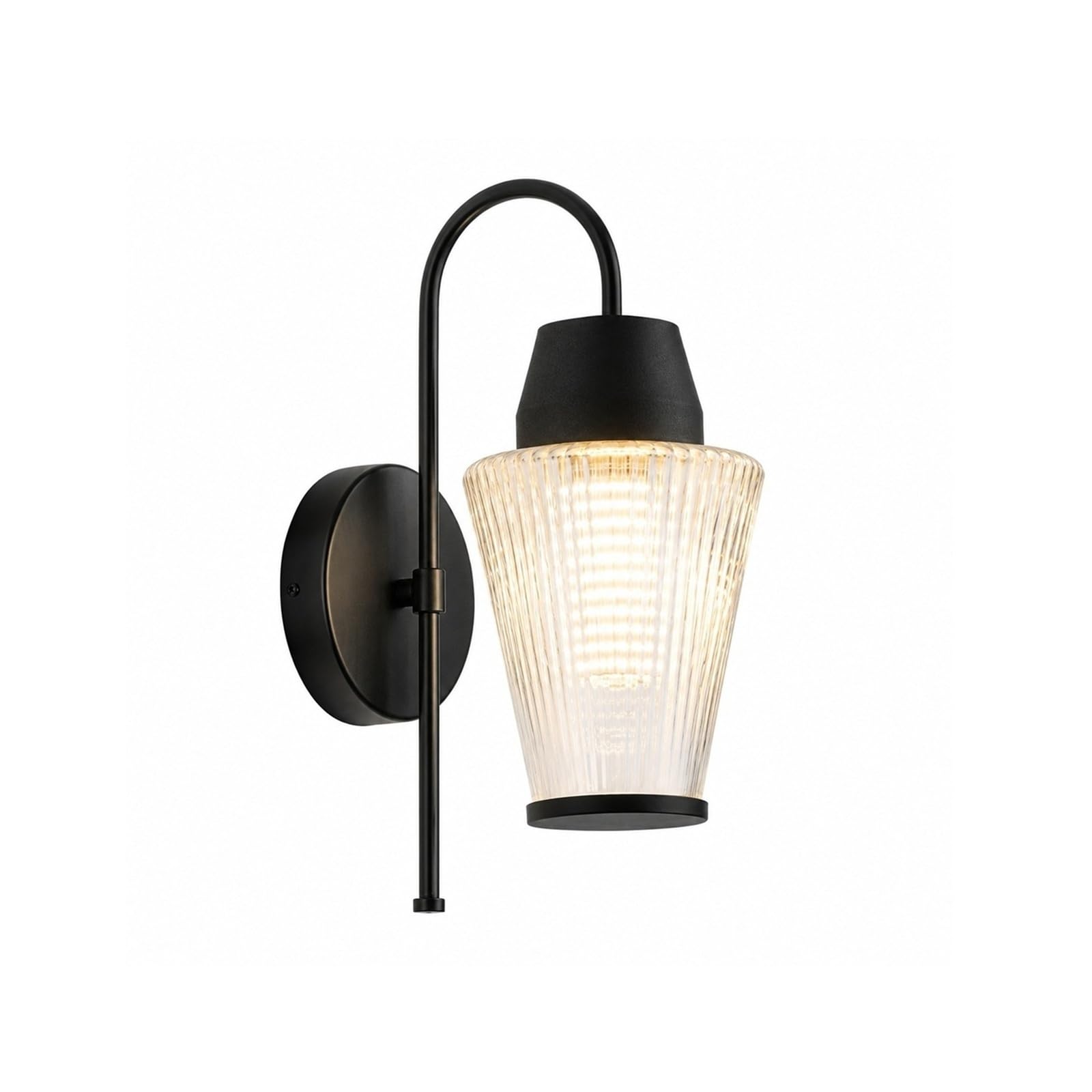 OZBMA Black Gooseneck Outdoor Wall Sconce, Hardwired E27 Porch Lamp, Metal Exterior Lantern with Ribbed Glass Shade for Patio Courtyard Garden Entryway Garage Front Door Cottage