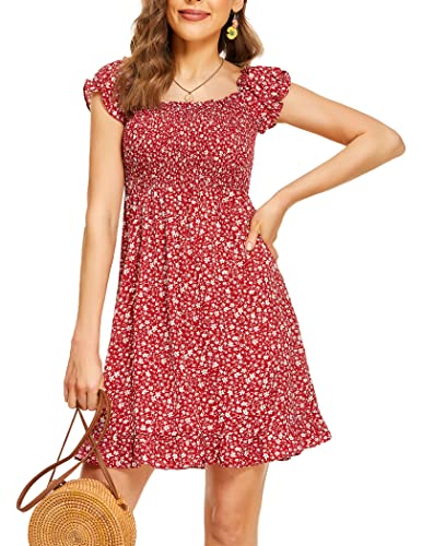 Beyove Robe Femme Ete Manches Courtes Jupe Plissée Élégant Robe Imprimé Floral Décontracté Mini Dress Smock, Rouge, M Cover