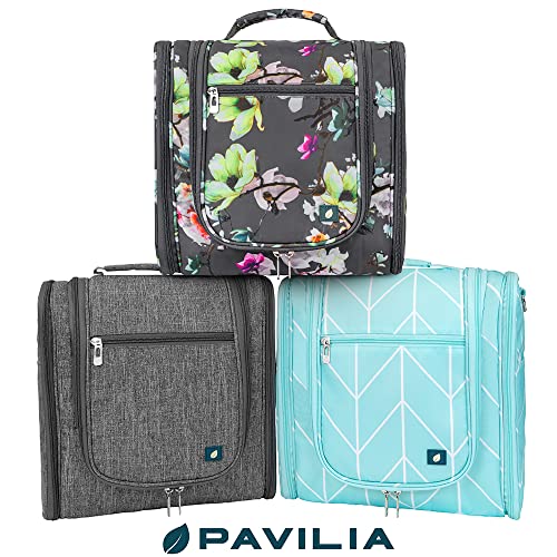 Pavilia Extra Large Toiletry Bag Travel Bag For Women Men, Hanging Cosmetic Organizer, Water Resistant Makeup Bag For Accessories Toiletries, Travel Essentials Kit (Floral Grey) #TOP6