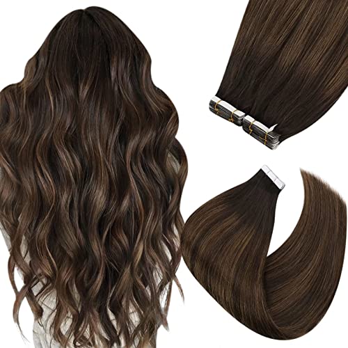 VeSunny Tape in hair extensions brown balayage Real Human Hair Extensions Tape in #2 Darkest Brown Fading to #6 Medium Brown Ombre Seamless Hair Extensions Tape in Natural Hair Brown 12inch 10pcs 20g