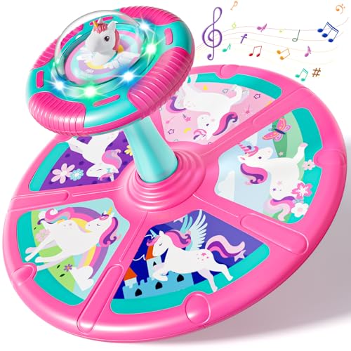 Lehoo Castle Unicorn Sit and Spin Toys for Toddlers 1-3 Girls, Toddler Sit n Spin with Lights and Music, 360°Spinning Seat for Body Balance Training, Sensory Toys Birthday Gift for Kids 2-4