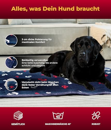 HS-Hundebett® Hundedecke L (75x115 cm) – Wendbar & gemütlich Dank 3 cm Füllung – Perfekt fürs Sofa, Auto & Hundebox – Anker Blau, Made in DE