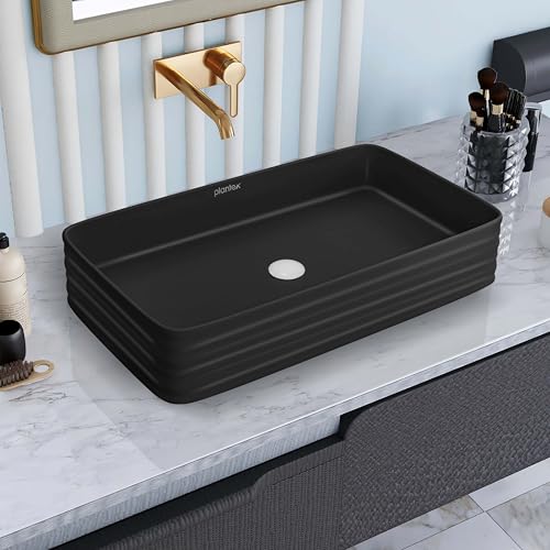 Image of Plantex Wash Basin for Bathroom /Ceramic Basin /Rectangle Table Top Basin /Wash Basin for Home /Restaurant (Charcoal Black - 26 x 15 x 5 Inch)