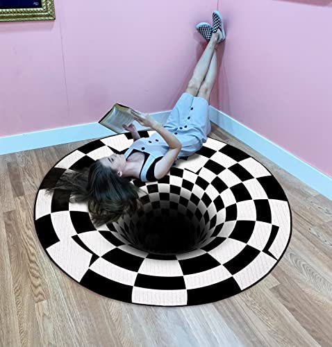 Somiso 3D Vortex Illusion Rug, New Black White Plaid Round Rugs 3D Visual Optical Floor Mat, Abstract Geometric Non-Slip Optical Illusion Rug For Living Dinning Room Bedroom Kitchen (40X40In) #TOP4