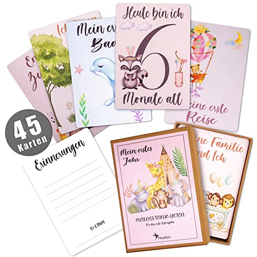 Pikaflor 45 Meilensteinkarten Baby Mädchen (handgemalte Tiere Deutsch) Meilenstein Karten Set mit Geschenkbox + Schönes Geschenk zur Geburt, Taufe & Babyparty Cover