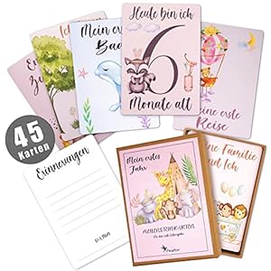 Pikaflor 45 Meilensteinkarten Baby Mädchen (handgemalte Tiere Deutsch) Meilenstein Karten Set mit Geschenkbox + Schönes…