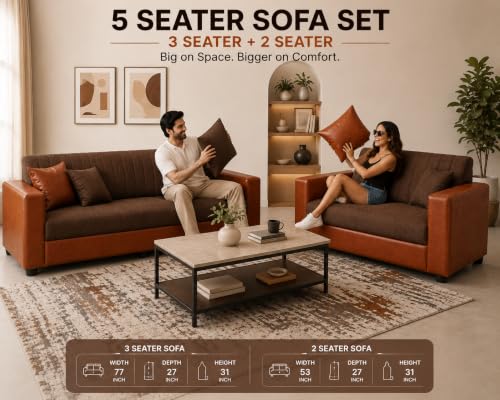 Image of 3+2 Sofa Set for Living Room | 3 Seater & Two Seater Sofa | Premium Fabric & Leatherette Upholstery | Soft Foam Cushions | for Home, Office & Reception | Pre-Assembled(Brown and Tan)