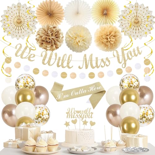 Vlipoeasn Farewell Decorations for Women Men Champagne Gold We Will Miss You Party Supplies Good Bye Sash Banner Swirls Hanging Decor for Farewell Party Office Going Away Party Work Graduation Event