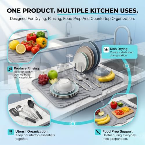Image of Medium Silicone Dish Drying Mat for Kitchen Counter - 40x30 cm | Hygienic drying pad with built-in drain lip. Sturdy, compact & easy to clean grey tray. Protects surfaces from water build-up