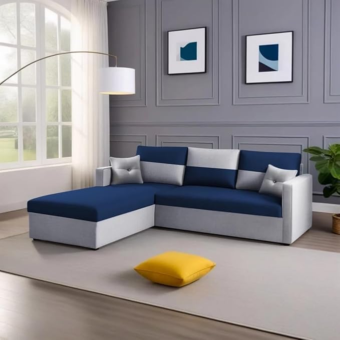 FURNY Arno 4 Seater Fabric LHS L Shape Sofa Set (Light GreyBlue