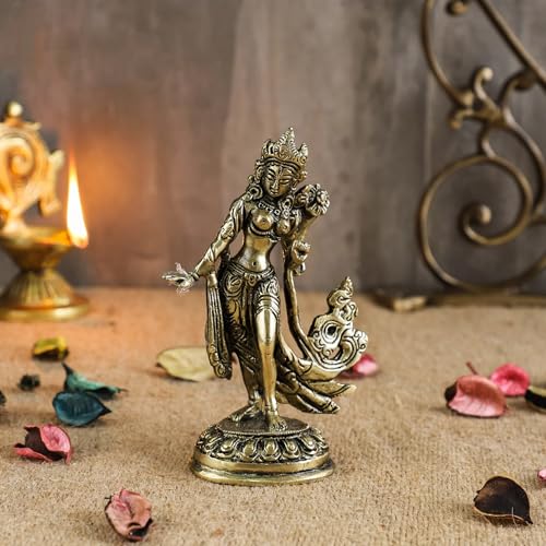 Image of Two Moustaches Standing Tara Devi 5 Inches Brass Statue, Tara Devi Idol, Living Room Decor, Goddess Tara Statue, Standard, Pack of 1