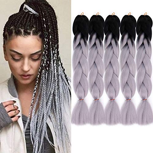 5Pcs/Lot Ombre Braiding Hair 24 Inch Kanekalon Jumbo Braiding Hair Synthetic Twist 2 Tone Color Braids Hair Extensions(1B/Gray)