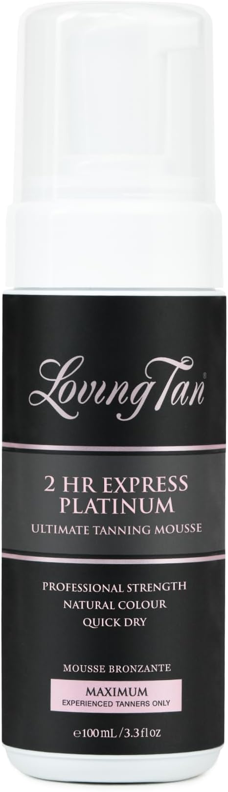 Loving Tan Platinum 2 HR Express Mousse, Darkest Shade Yet - Streak Free, Professional Strength Sunless Tanner - 5+ Self Tan Applications per Bottle, Cruelty Free, Naturally Derived DHA, 3.3 Fl Oz