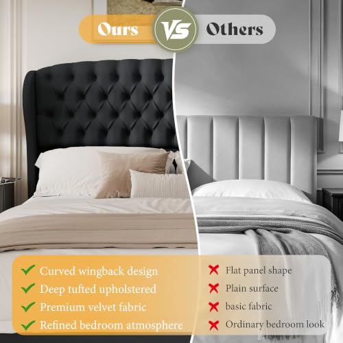 Image of AMERLIFE Full /Queen Headboard Only, Velvet Upholstered Wingback, Black