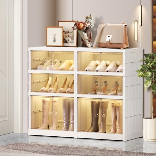 Image of CIMLORD 3-Tier Foldable Shoe Rack Organizer with Doors, 12 Pairs, White | Collapsible Plastic Shoe Cabinet Storage, Fits Boots & Sneakers, Stackable with Lids, Easy Assembly, for Closet & Entryway