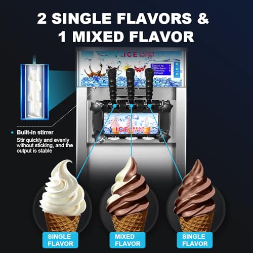 Kommerzielle Eismaschine, 3 Geschmacksrichtungen, Soft-Serve-Eismaschine, 18 l/h, 1200 W, Eismaschine, Arbeitsplatte, automatische Reinigung, Härte verstellbar, Gelato Maker für Café, Restaurant – Bild 3