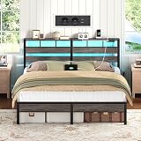 HOOBRO Cama 180 x 200 cm, Estructura Metálica con Ilminación LED, Enchufes y Espacio de Almacenaje, Cama Matrimonio con Cabecero, para Dormitorio, Color Negro Carbón EBC80CDBF01
