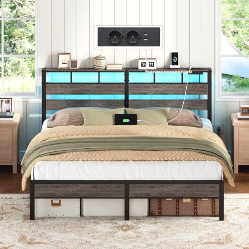 HOOBRO Cama 180 x 200 cm, Estructura Metálica con Ilminación LED, Enchufes y Espacio de Almacenaje, Cama Matrimonio con Cabecero, para Dormitorio, Color Negro Carbón EBC80CDBF01