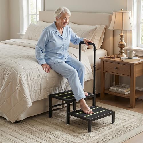 Image of 2 Step Stool with Handle, Heavy Duty Step Stool for Elderly and Adults, Adjustable Handrail with Non-Slip Platform, Bedside Steps for High Beds, Kitchen and Bathroom