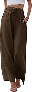2025 - Pantalones de mujer de cintura alta y pierna ancha, pantalones elásticos de moda con cordón, cómodos pantalones largos con pierna recta y bolsillos Pantalones de mujer Tela