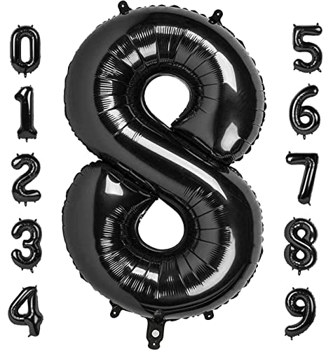 40 Inch Number 8 Balloon, Black 8 18 28 80 Birthday Balloons for Men Boys, 8th Birthday Decorations Party Supplies, Wedding, Graduations