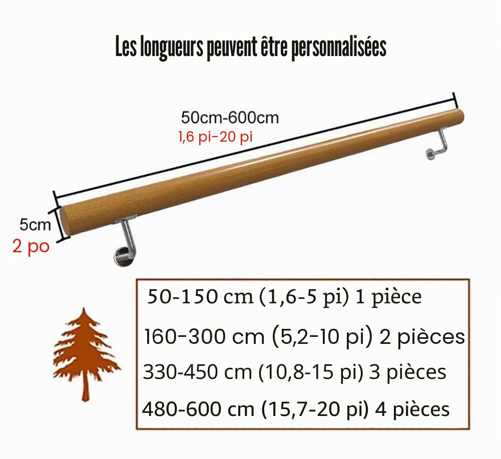 1m / 2m / 3m / 4m / 5m / 6m Mains Courantes en Bois pour Escaliers Intérieurs, Main Courante d'Escalier Antidérapante pour Personnes Âgées, Barre d'Appui Murale pour Rail de Rampe avec Suppo
