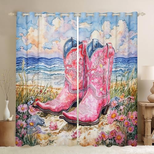 Image of Feelyou Kids Cowgirl Blackout Curtains (2 Panels, 42 x 63 Inch) Western Girl Darkening Drapes Pink Boot Window Treatments
