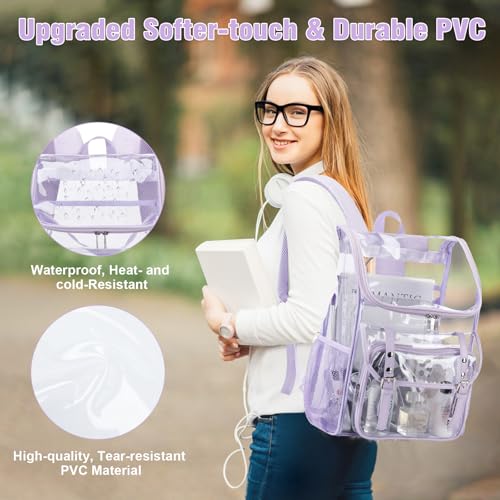 Image of DIGOBAY Clear Backpack with Lunch Bag, Leather Clear Bookbag Heavy Duty | Thick PVC Clear Backpack for Girls Women See Through Transparent Backpacks for Stadium Events College Travel Work, Purple1
