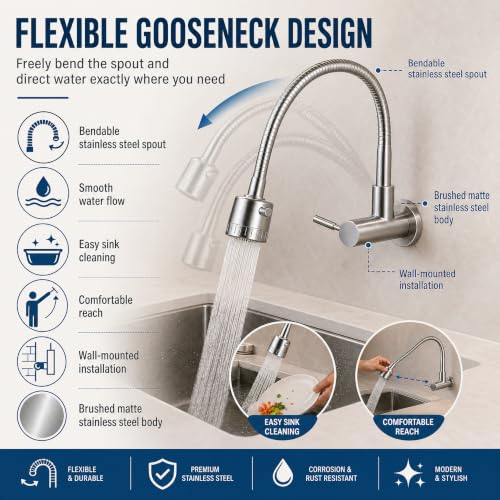 Image of InArt Wall Mounted Flexible Kitchen Faucet, Brushed Silver Gooseneck Sink Tap with Adjustable Spray Head, Single Lever, Anti-Splash Flow, 5 Year Leakage Warranty