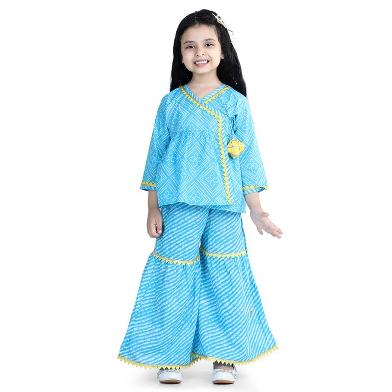 Image of BownBee Girls Cotton Kurti and Sharara Suit Set Round Neck, Angrakha Traditional Ethnic Dress, Front Open Kurta For Girl Kids, Suitable for All Festivals & Casual Wear