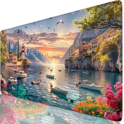 Tapis de Souris XXL 120x60cm, Bleu Tapis de Souris Gaming, Sous Main Bureau Gaming Petite ville Mouse Pad avec Coutures sur Les Bords, Antidérapant Mouse Pad Accessoire Bureau pour Gamer,Maison Y8-162