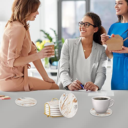 Geichan Drink Coasters With Holder Absorbent Bar Coasters Beer & Glass Coasters Wave Gold Marble Ceramic Drink Coasters Suitable For Kinds Of Wooden Table,Cups,Round 4 Inches (Gold Wave) #TOP5