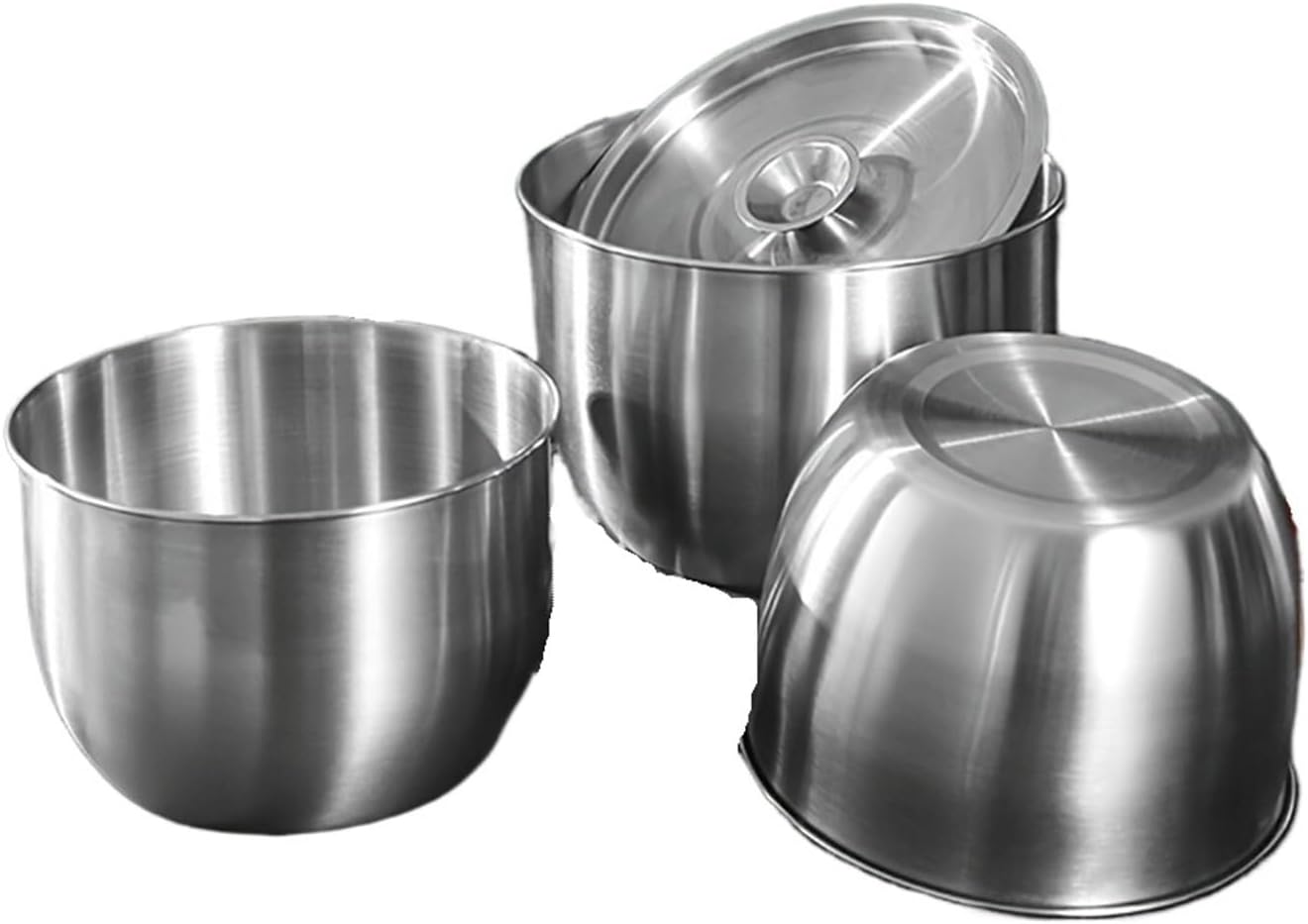 Stainless steel mixing bowl set with lid, egg beater, kneading, thickened and deepened round soup(Silver 4pcs)