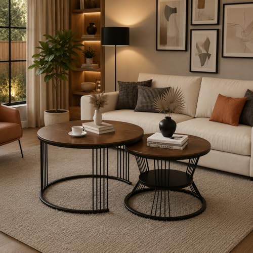 Image of Roldo Modern Nesting Coffee Table Set of 2 for Living Room, Round Coffee & Side Table with Metal Frame and Marble Finish MDF Top, Center Table for Sofa, Home Decor Office & Apartment (Black Walnut)