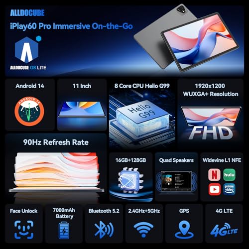 Image of ALLDOCUBE iPlay 60 Pro 11 inch Tablet, 90Hz Reflex 1920x1200 FHD Android 14 Tablet, 16GB(6+10)RAM+128GB+1.5TB Expand, MediaTek Helio G99 Octa-core, Widevine L1, 7000mAh, Quad Speaker, 4G /Wifi5, PD 18W