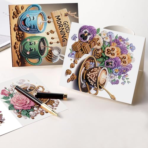 Image of AiYuanzsh 6 Packs Diamond Art Painting Greeting Card Kits with Laser Effect Special Shaped Diamond Art Greeting Cards Arts Crafts for Christmas Birthday Thanksgiving Day Holiday (Coffee, 30x15cm)
