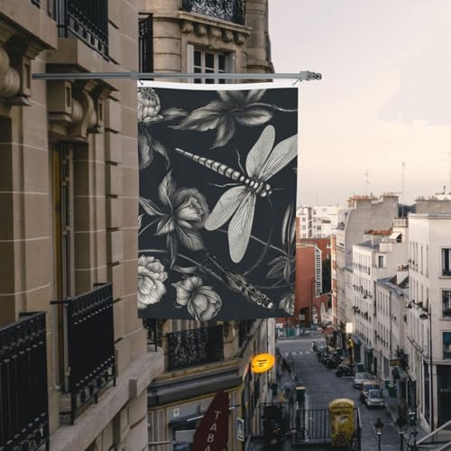 Drapeau de maison double face anti-décoloration motif fleurs noires et libellules - 6