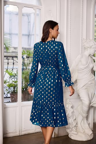 Image of GRACE KARIN Long Sleeve Dresses for Women 2023 Wedding Guest Polka Dot A-Line Midi Dress Split Ruffle Tiered Dress Peacock Blue L